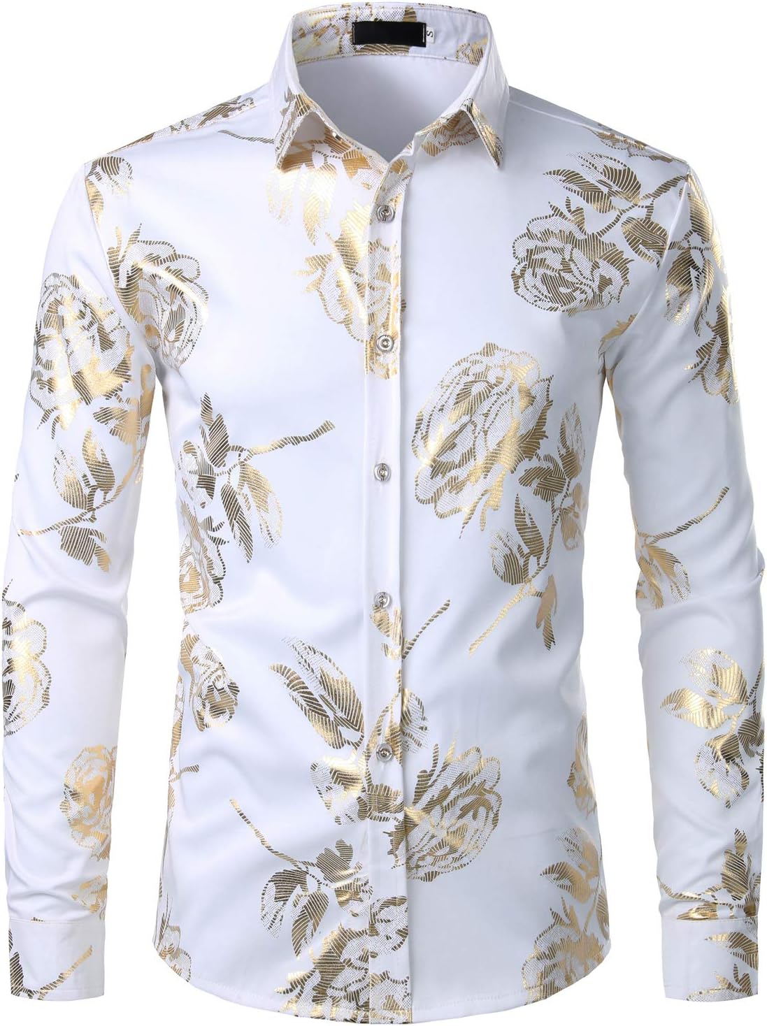 ZEROYAA Mens Hipster Gold Rose Printed Slim Fit Long Sleeve Dress Shirts/Prom Performing Shirts