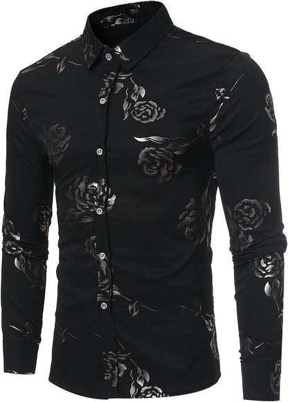 ZEROYAA Mens Hipster Gold Rose Printed Slim Fit Long Sleeve Dress Shirts/Prom Performing Shirts