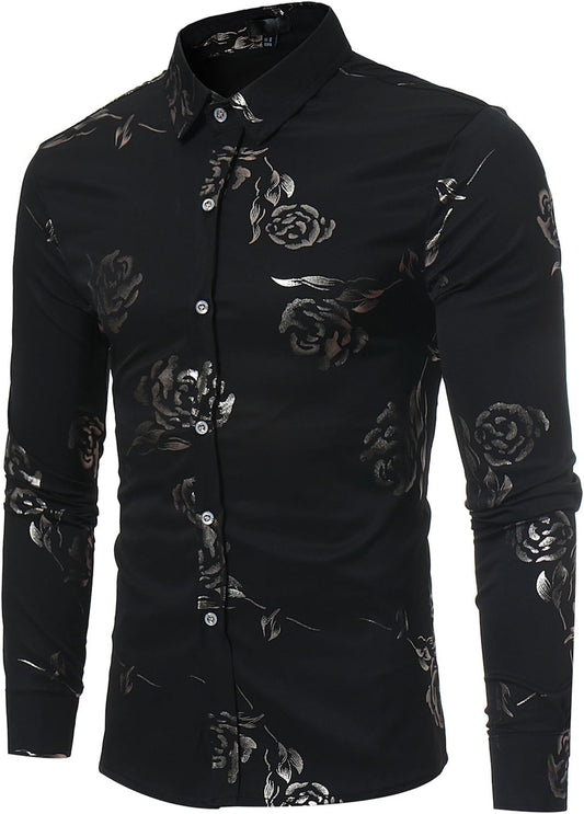 ZEROYAA Mens Hipster Gold Rose Printed Slim Fit Long Sleeve Dress Shirts/Prom Performing Shirts