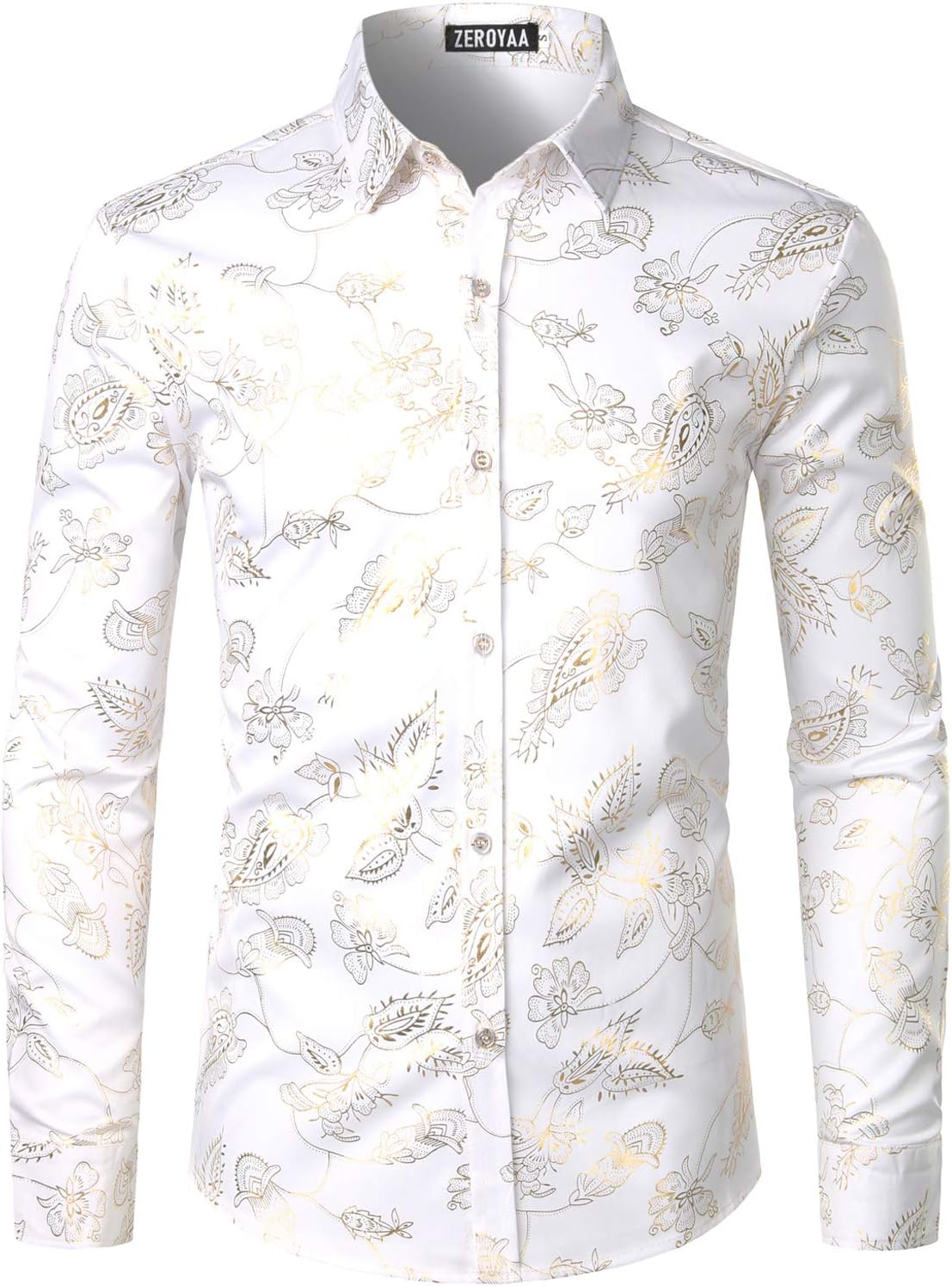 ZEROYAA Mens Hipster Gold Rose Printed Slim Fit Long Sleeve Dress Shirts/Prom Performing Shirts