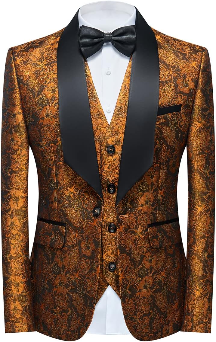 Tuxedo Suits for Men 3 Piece Regular Fit Suit Floral Pattern Blazer Jacket Waistcoat Pants Men Suit Set for Wedding