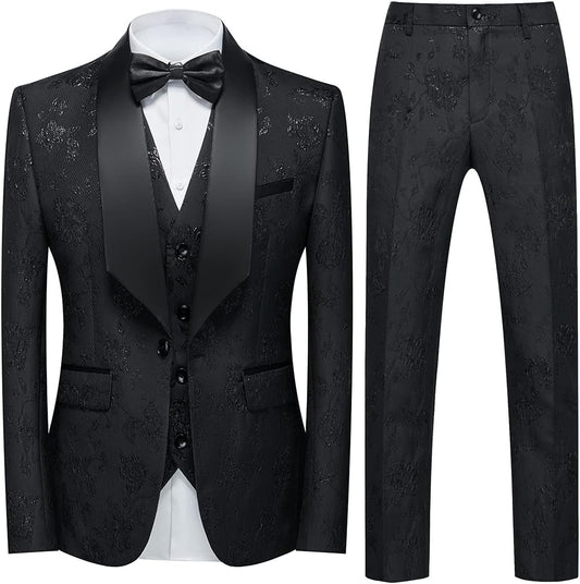 Tuxedo Suits for Men 3 Piece Regular Fit Suit Floral Pattern Blazer Jacket Waistcoat Pants Men Suit Set for Wedding