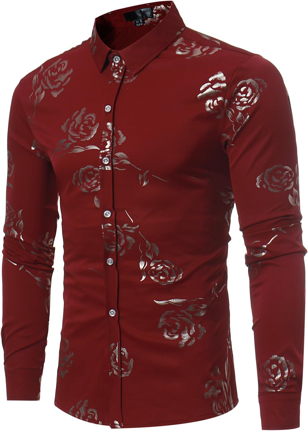 ZEROYAA Mens Hipster Gold Rose Printed Slim Fit Long Sleeve Dress Shirts/Prom Performing Shirts