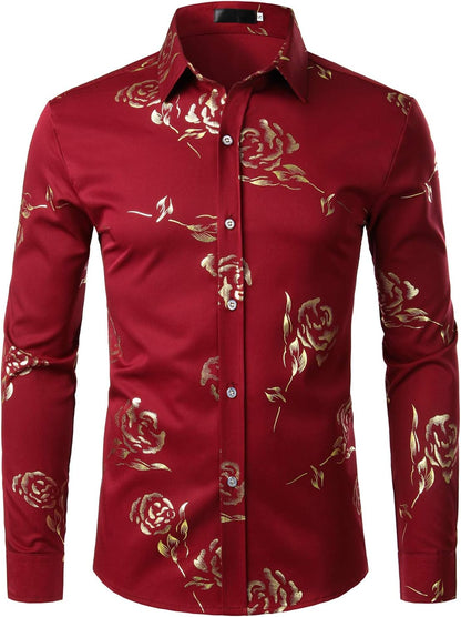 ZEROYAA Mens Hipster Gold Rose Printed Slim Fit Long Sleeve Dress Shirts/Prom Performing Shirts