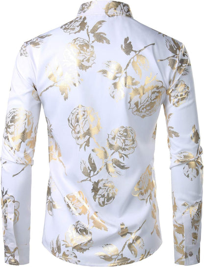 ZEROYAA Mens Hipster Gold Rose Printed Slim Fit Long Sleeve Dress Shirts/Prom Performing Shirts