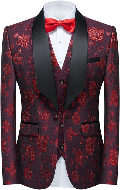 Tuxedo Suits for Men 3 Piece Regular Fit Suit Floral Pattern Blazer Jacket Waistcoat Pants Men Suit Set for Wedding