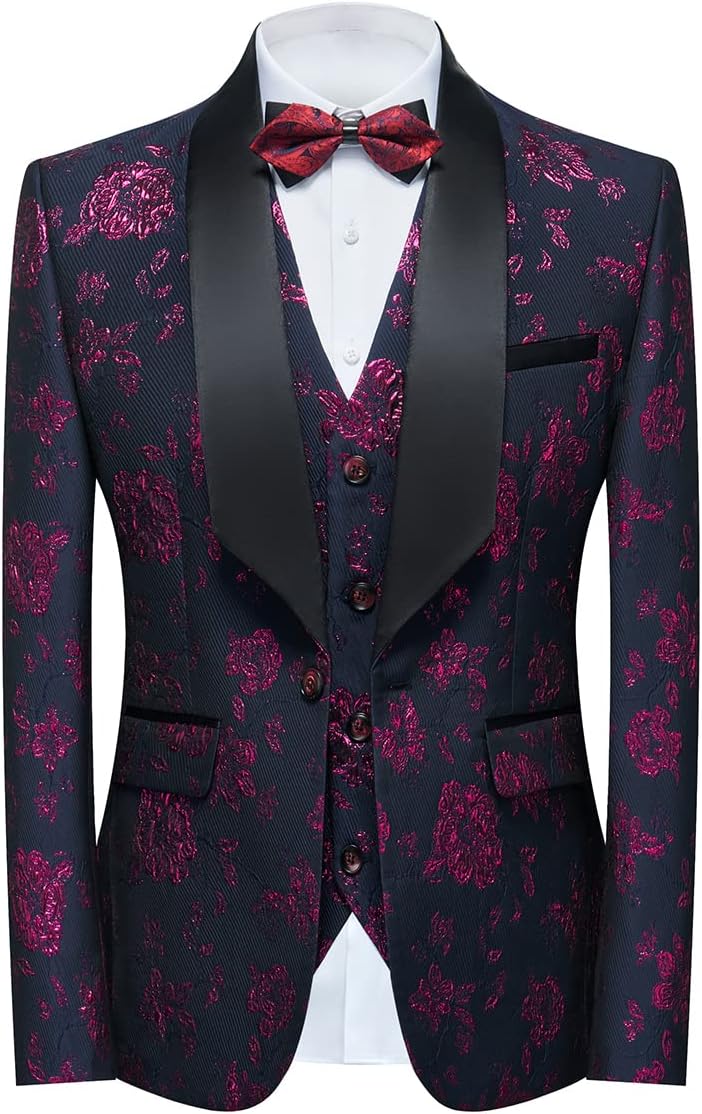 Tuxedo Suits for Men 3 Piece Regular Fit Suit Floral Pattern Blazer Jacket Waistcoat Pants Men Suit Set for Wedding