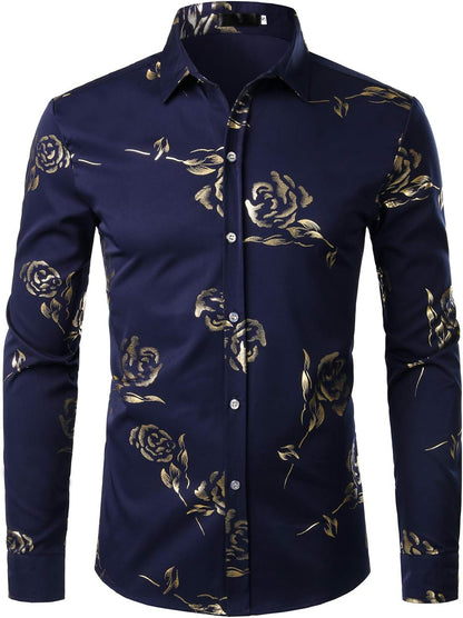 ZEROYAA Mens Hipster Gold Rose Printed Slim Fit Long Sleeve Dress Shirts/Prom Performing Shirts