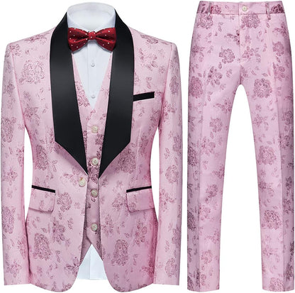 Tuxedo Suits for Men 3 Piece Regular Fit Suit Floral Pattern Blazer Jacket Waistcoat Pants Men Suit Set for Wedding