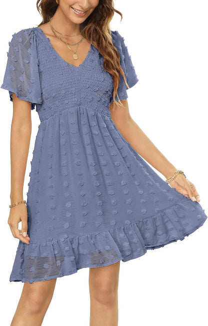 Zattcas Womens 2024 Summer Smocked Dress Short Flutter Sleeve V Neck Swiss Dot Babydoll Ruffle Tiered Mini Dress