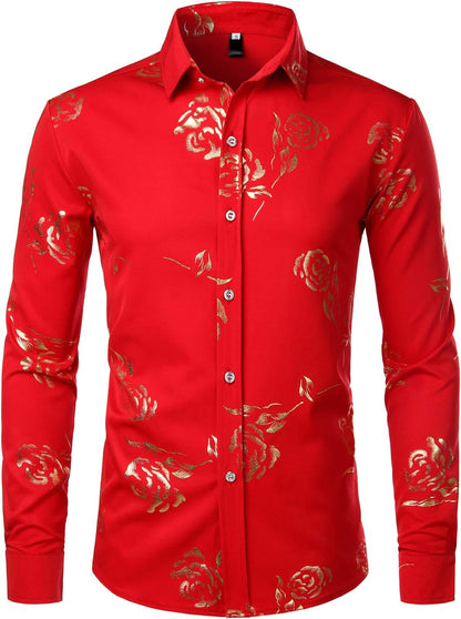 ZEROYAA Mens Hipster Gold Rose Printed Slim Fit Long Sleeve Dress Shirts/Prom Performing Shirts