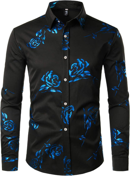 ZEROYAA Mens Hipster Gold Rose Printed Slim Fit Long Sleeve Dress Shirts/Prom Performing Shirts