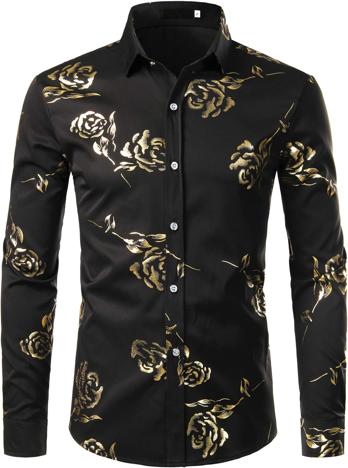 ZEROYAA Mens Hipster Gold Rose Printed Slim Fit Long Sleeve Dress Shirts/Prom Performing Shirts