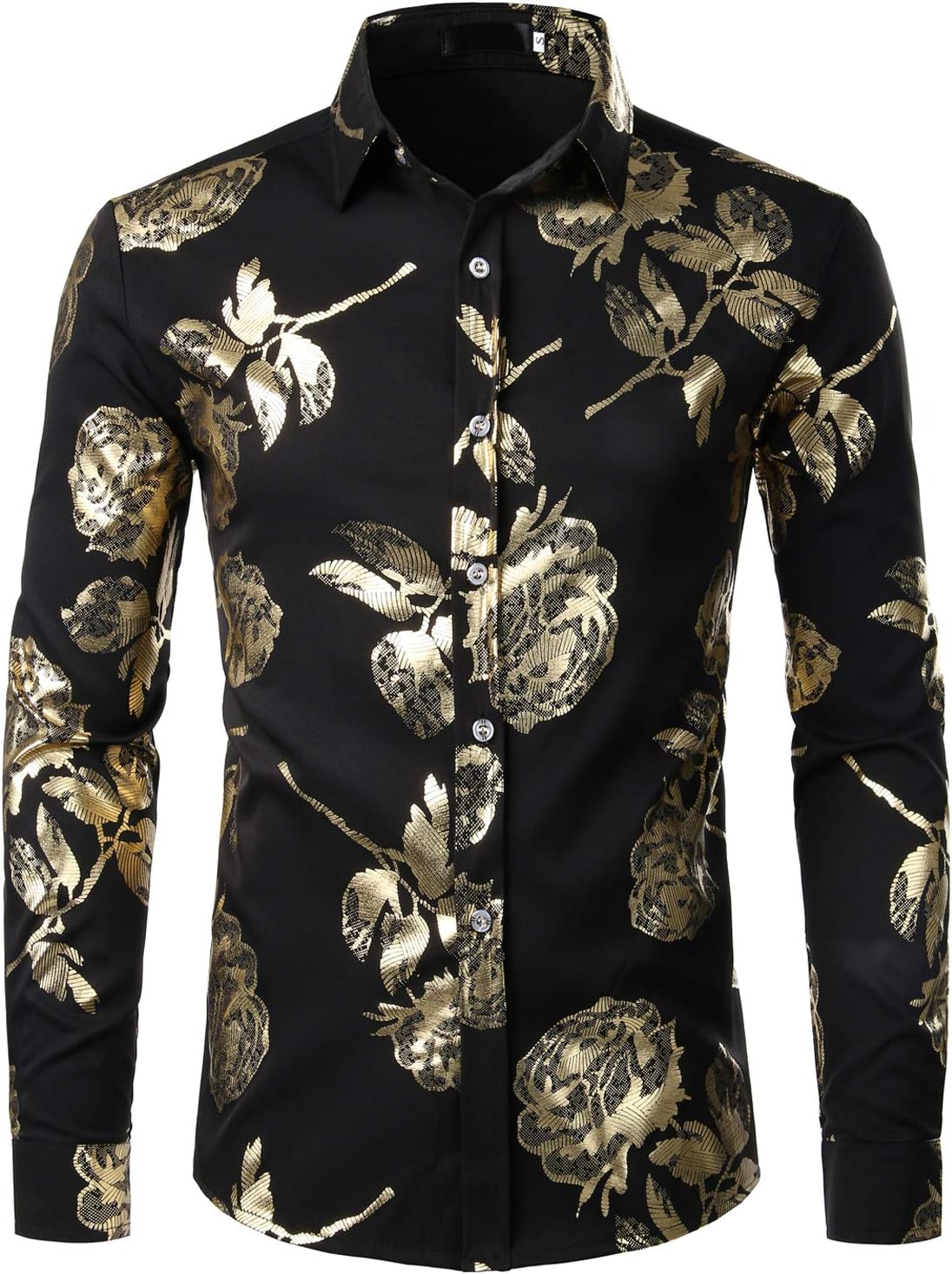 ZEROYAA Mens Hipster Gold Rose Printed Slim Fit Long Sleeve Dress Shirts/Prom Performing Shirts