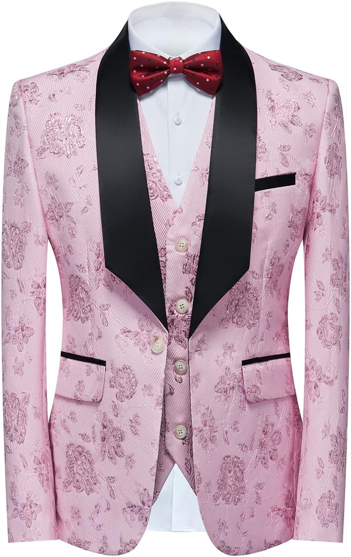 Tuxedo Suits for Men 3 Piece Regular Fit Suit Floral Pattern Blazer Jacket Waistcoat Pants Men Suit Set for Wedding