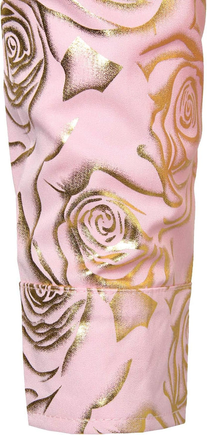 ZEROYAA Mens Hipster Gold Rose Printed Slim Fit Long Sleeve Dress Shirts/Prom Performing Shirts