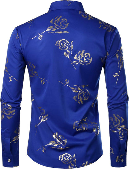 ZEROYAA Mens Hipster Gold Rose Printed Slim Fit Long Sleeve Dress Shirts/Prom Performing Shirts