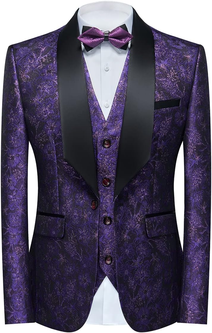 Tuxedo Suits for Men 3 Piece Regular Fit Suit Floral Pattern Blazer Jacket Waistcoat Pants Men Suit Set for Wedding