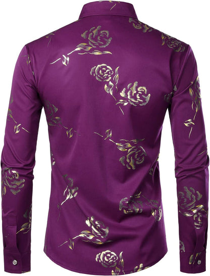 ZEROYAA Mens Hipster Gold Rose Printed Slim Fit Long Sleeve Dress Shirts/Prom Performing Shirts