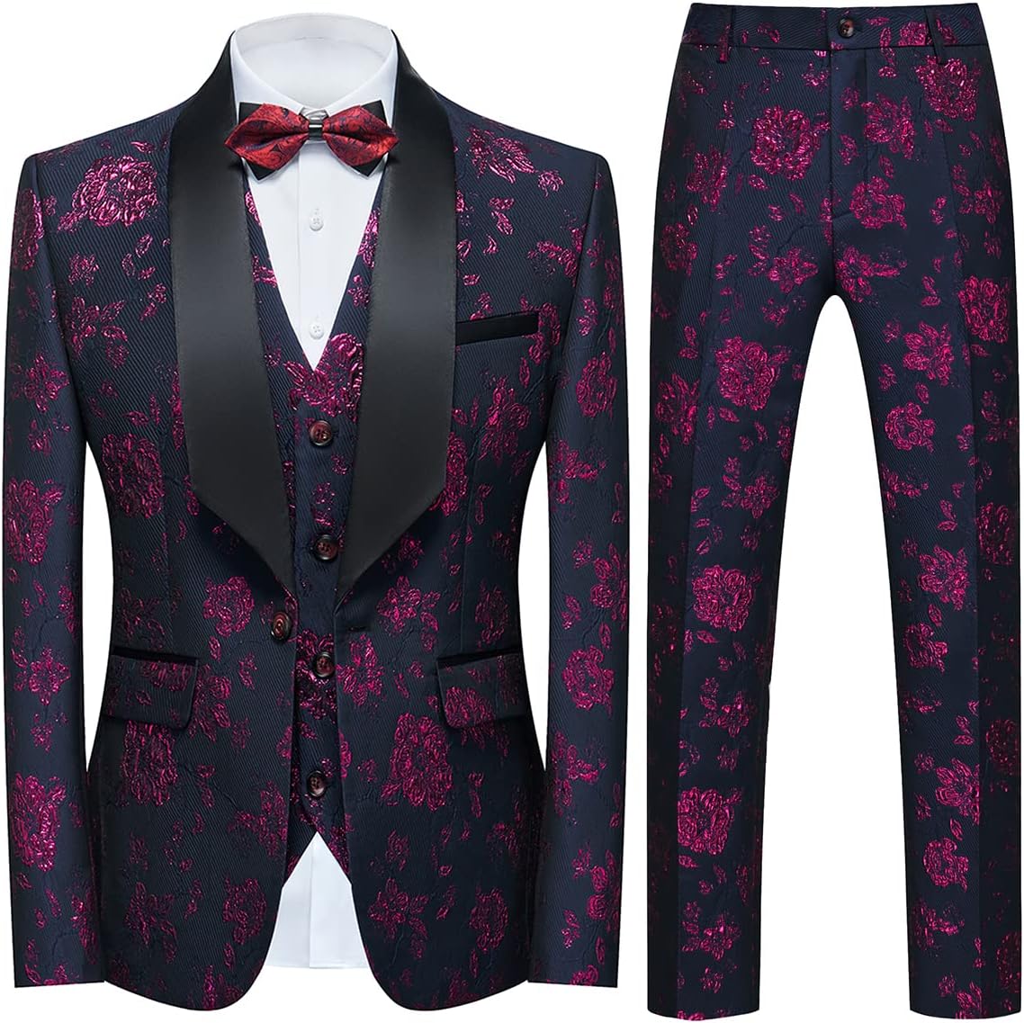 Tuxedo Suits for Men 3 Piece Regular Fit Suit Floral Pattern Blazer Jacket Waistcoat Pants Men Suit Set for Wedding