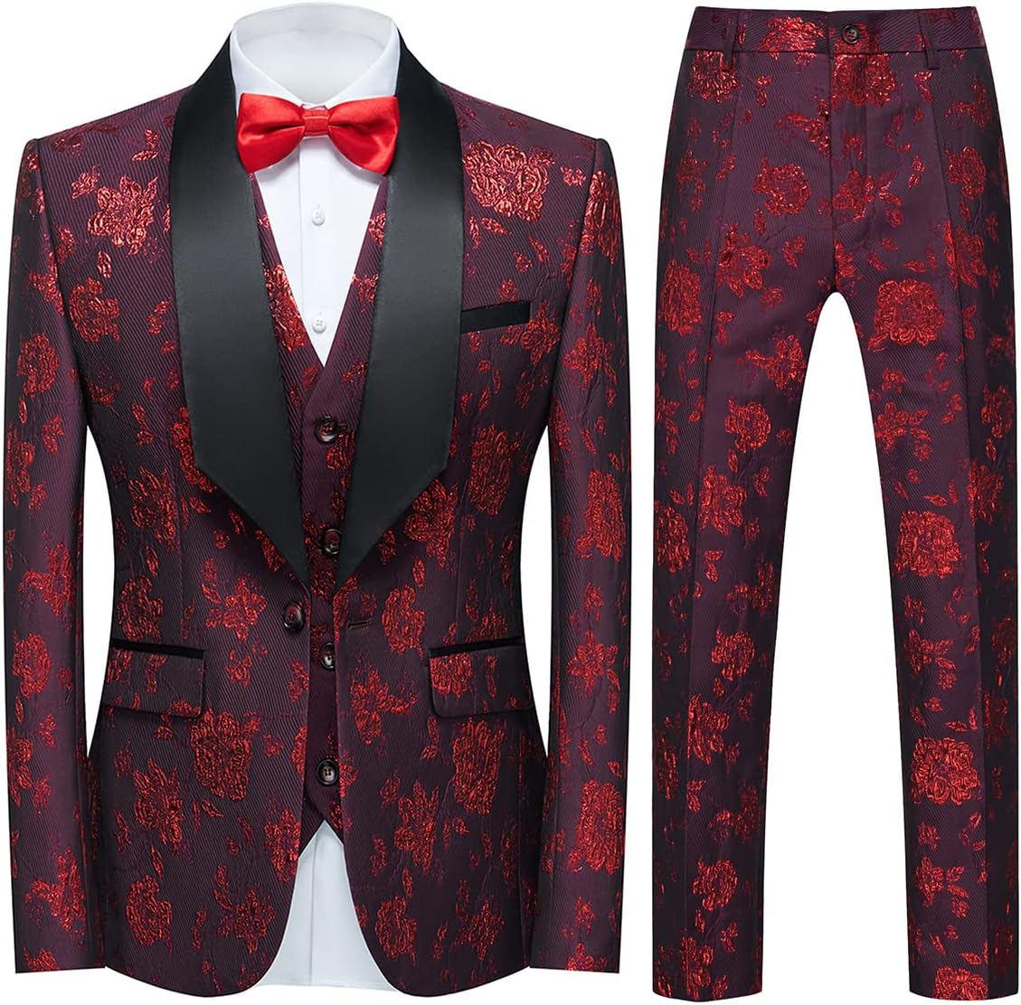 Tuxedo Suits for Men 3 Piece Regular Fit Suit Floral Pattern Blazer Jacket Waistcoat Pants Men Suit Set for Wedding