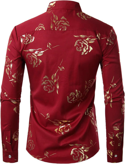 ZEROYAA Mens Hipster Gold Rose Printed Slim Fit Long Sleeve Dress Shirts/Prom Performing Shirts