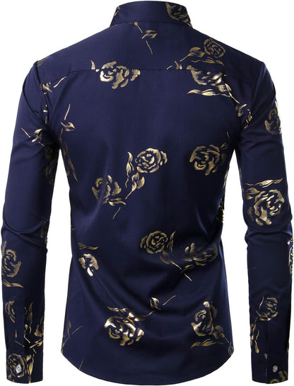 ZEROYAA Mens Hipster Gold Rose Printed Slim Fit Long Sleeve Dress Shirts/Prom Performing Shirts