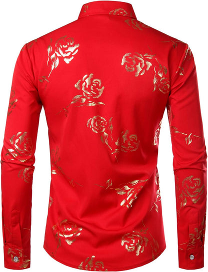 ZEROYAA Mens Hipster Gold Rose Printed Slim Fit Long Sleeve Dress Shirts/Prom Performing Shirts