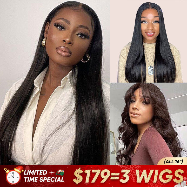 $179=3 Wigs All 16" Straight 9x6 Pre Cut Lace Wig+Brown Body Wave 13x5 Pre Everything Wig With Bangs+Straight Pre Cut 4x4 Lace Wig Flash Deal
