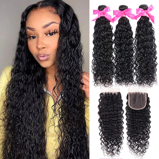Water Wave Hair 3 Bundles With Closure Wet And Wavy Human Hair Weave Bundles With Lace Closure