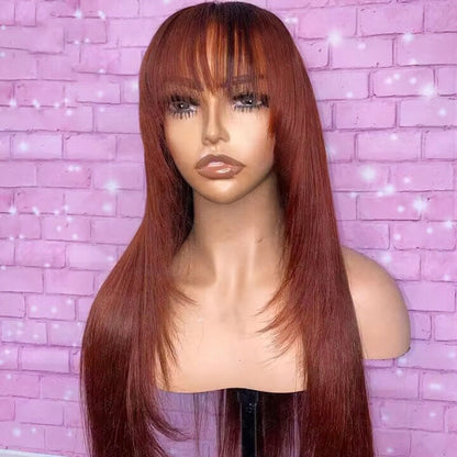 Pre Cut Lace Reddish Brown Straight Layer Cut Lace Front Glueless Wig With Bangs Human Hair