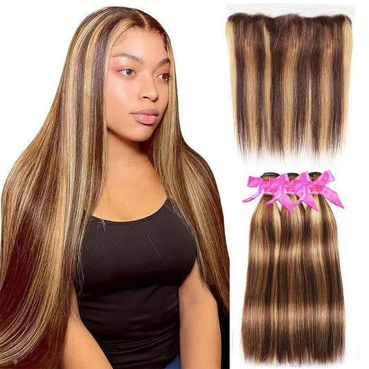 Honey Brown Highlights Straight Hair 3 Bundles With 13x4 Frontal Human Hair Extensions