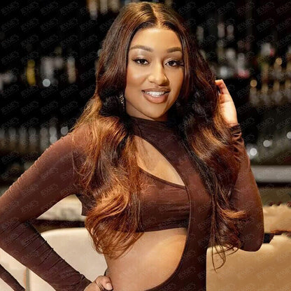 Long Layered Curtain Bangs with Rich Honey Brown Ombre Wavy 9x6 Pre Cut Lace Wigs
