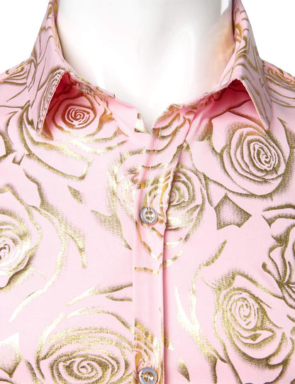 ZEROYAA Mens Hipster Gold Rose Printed Slim Fit Long Sleeve Dress Shirts/Prom Performing Shirts