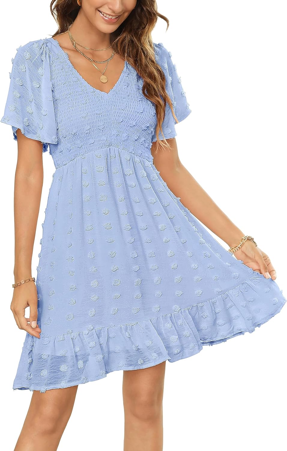 Zattcas Womens 2024 Summer Smocked Dress Short Flutter Sleeve V Neck Swiss Dot Babydoll Ruffle Tiered Mini Dress