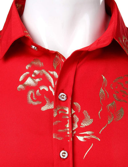 ZEROYAA Mens Hipster Gold Rose Printed Slim Fit Long Sleeve Dress Shirts/Prom Performing Shirts