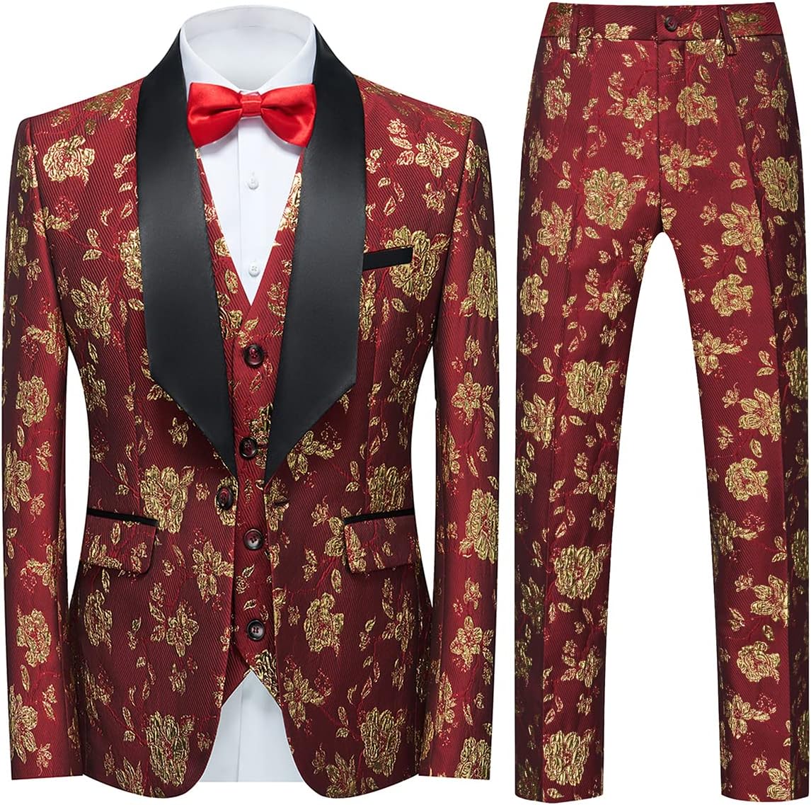 Tuxedo Suits for Men 3 Piece Regular Fit Suit Floral Pattern Blazer Jacket Waistcoat Pants Men Suit Set for Wedding