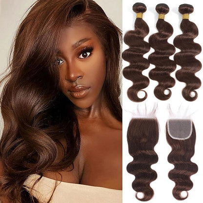 Light Brown Body Wave Bundles With Closure Human Hair 3 Bundles With Lace Closure