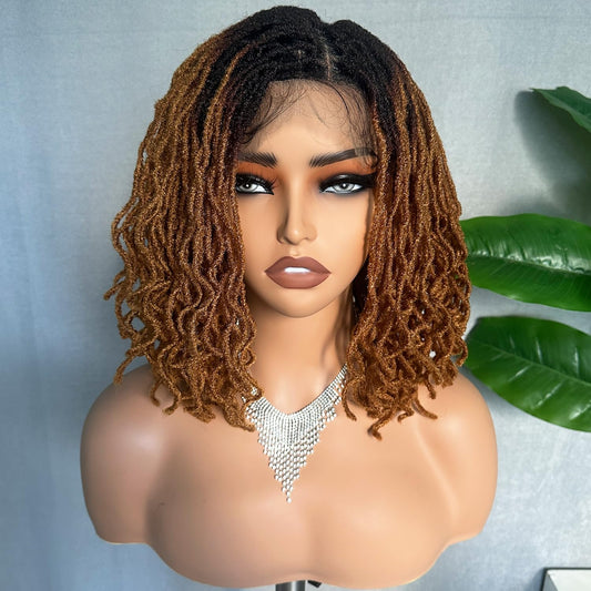 Dreadlock Wig Curly 4x4 Lace Frontal Ombre Strawberry Blonde 16 Inch Twist Faux Locs Wigs for Balck Women Afro Curly Braided Synthetic Wig
