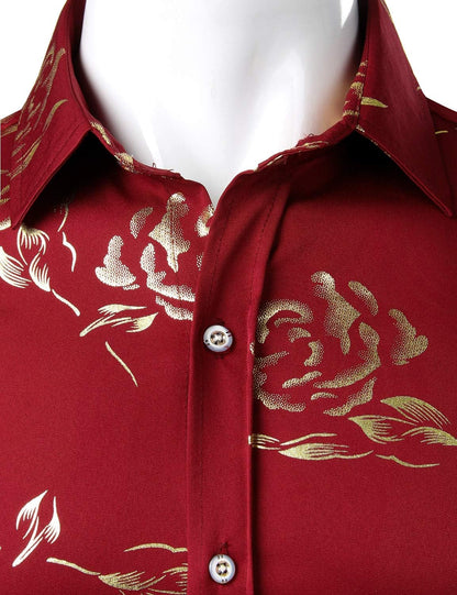 ZEROYAA Mens Hipster Gold Rose Printed Slim Fit Long Sleeve Dress Shirts/Prom Performing Shirts