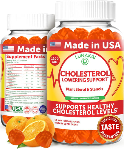 Lunakai Cholesterol Support Gummies Natural Cholesterol Lowering Supplement with 1200mg Plant Sterols and Stanols - Delicious Orange Flavor, 60ct