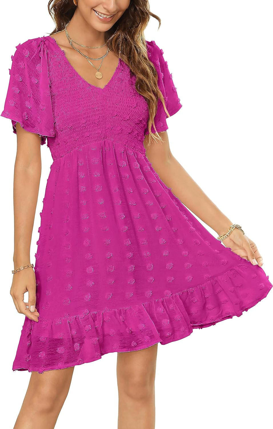 Zattcas Womens 2024 Summer Smocked Dress Short Flutter Sleeve V Neck Swiss Dot Babydoll Ruffle Tiered Mini Dress