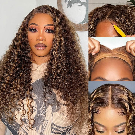 Highlight Honey Brown Curly Pre Cut 5x6 Lace Human Hair Wig