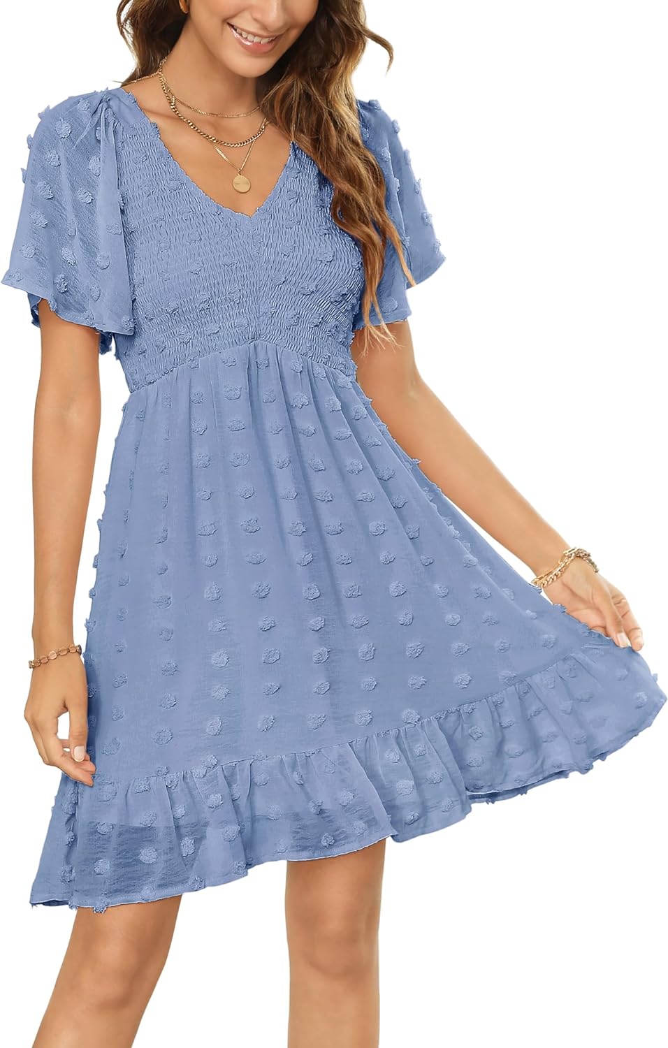 Zattcas Womens 2024 Summer Smocked Dress Short Flutter Sleeve V Neck Swiss Dot Babydoll Ruffle Tiered Mini Dress