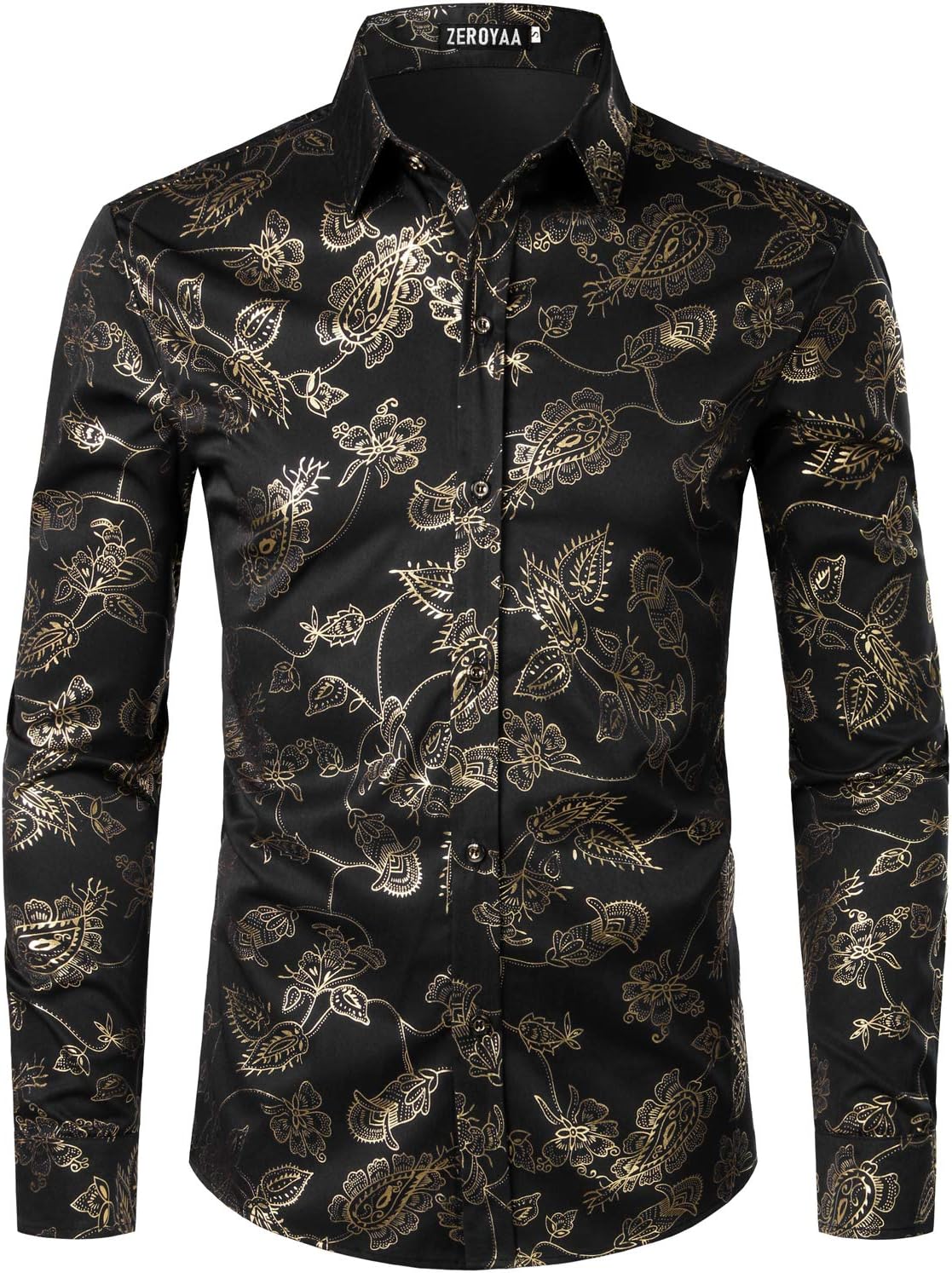 ZEROYAA Mens Hipster Gold Rose Printed Slim Fit Long Sleeve Dress Shirts/Prom Performing Shirts