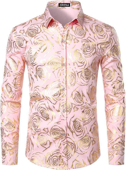 ZEROYAA Mens Hipster Gold Rose Printed Slim Fit Long Sleeve Dress Shirts/Prom Performing Shirts