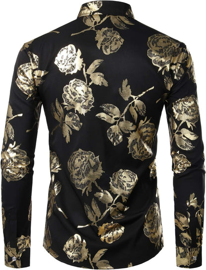 ZEROYAA Mens Hipster Gold Rose Printed Slim Fit Long Sleeve Dress Shirts/Prom Performing Shirts