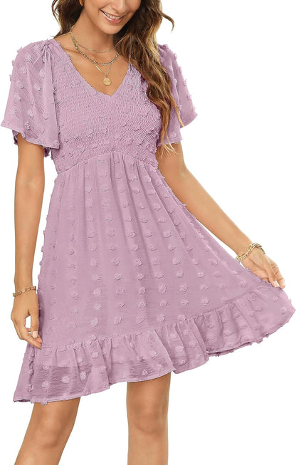 Zattcas Womens 2024 Summer Smocked Dress Short Flutter Sleeve V Neck Swiss Dot Babydoll Ruffle Tiered Mini Dress