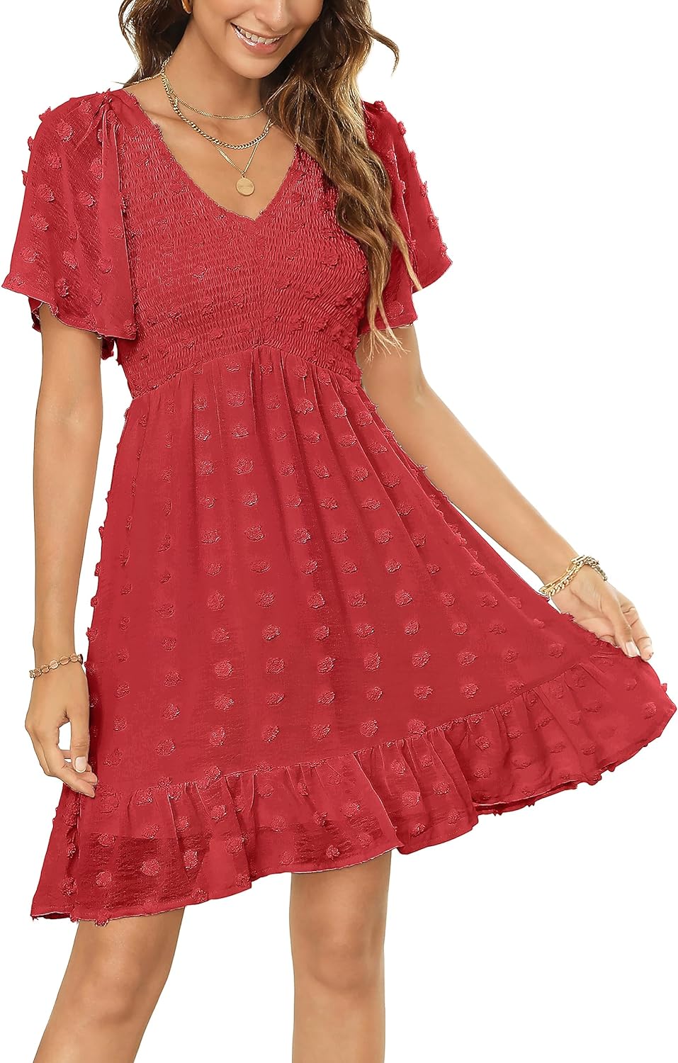 Zattcas Womens 2024 Summer Smocked Dress Short Flutter Sleeve V Neck Swiss Dot Babydoll Ruffle Tiered Mini Dress