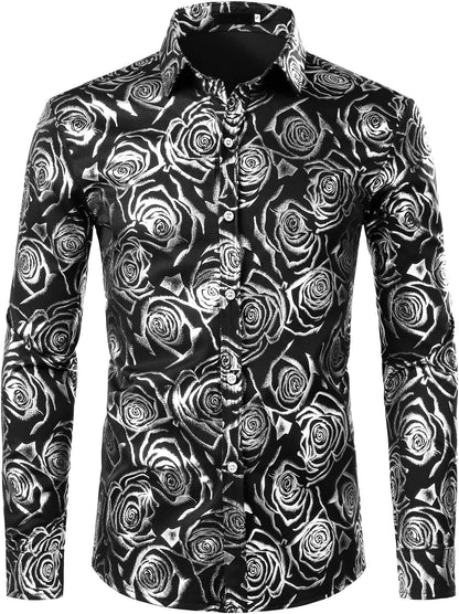 ZEROYAA Mens Hipster Gold Rose Printed Slim Fit Long Sleeve Dress Shirts/Prom Performing Shirts